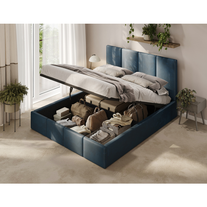 Dunkelblaues Polsterbett mit hohem Kopfteil im modernen Schlafzimmer